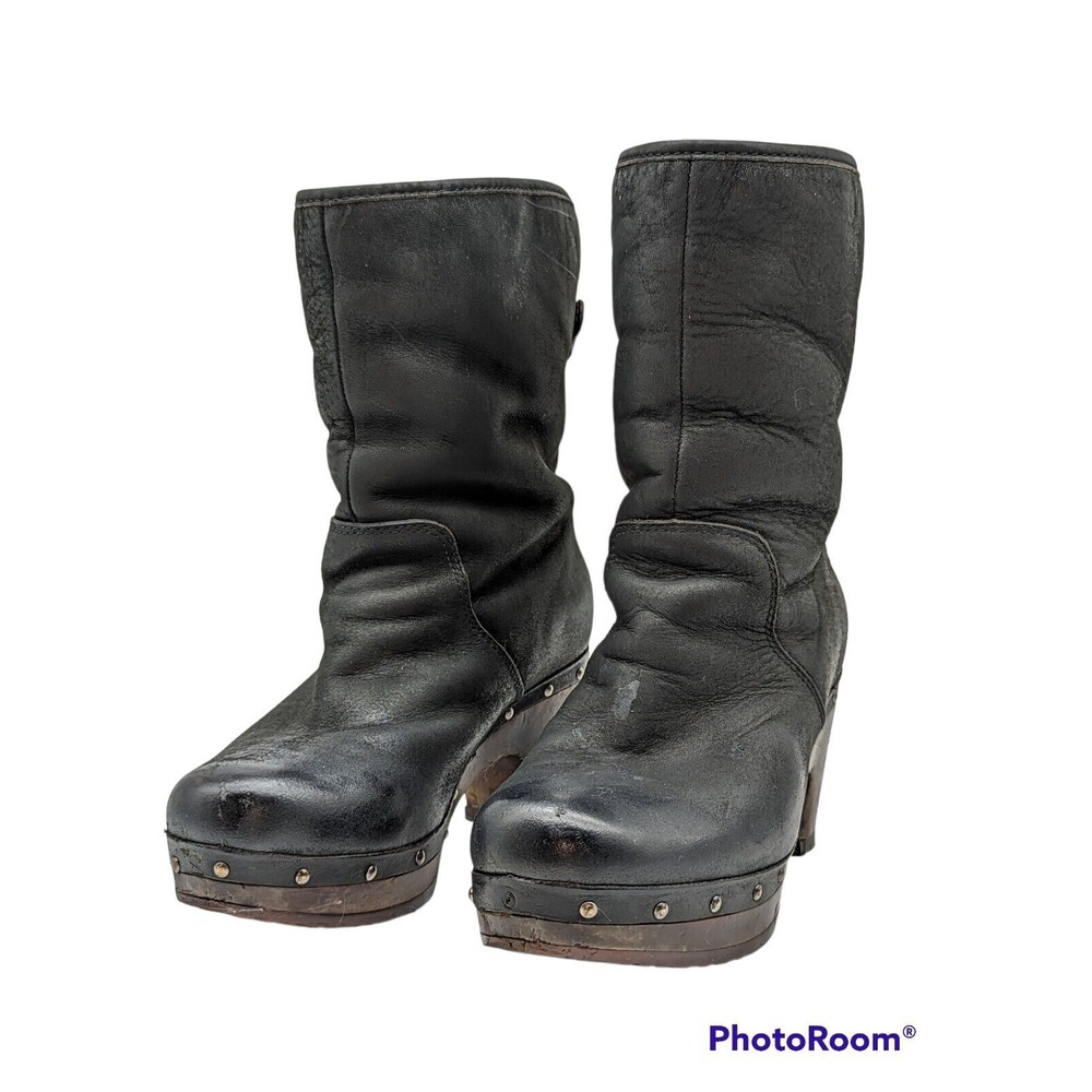 Ugg 1958 Lynnea Clog Boots Fold Over Shearling Ankle Boot Black Womens Sz 6 EUC
